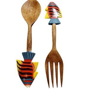 Vintage Clown Fish Wooden Salad Serving Set Beach Coastal Kitchen Decor